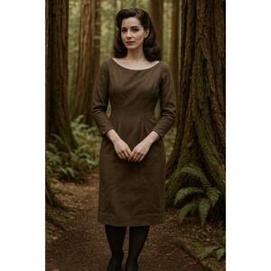 Vintage 60s Wool‎ Dress Green Brown Long Sleeve Wool size Small